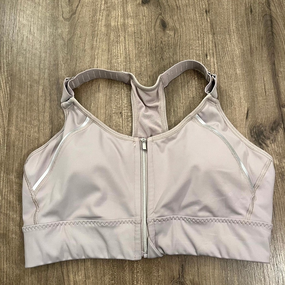 Athleta Sports Bra Gray Purple Front Zip Racerback High Impact Womens Medium